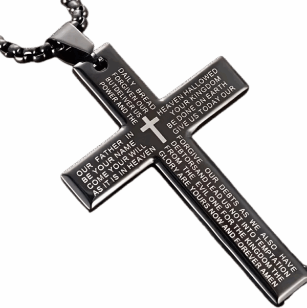 Christian Cross Pendant - Engraved Our Father Prayer; Black