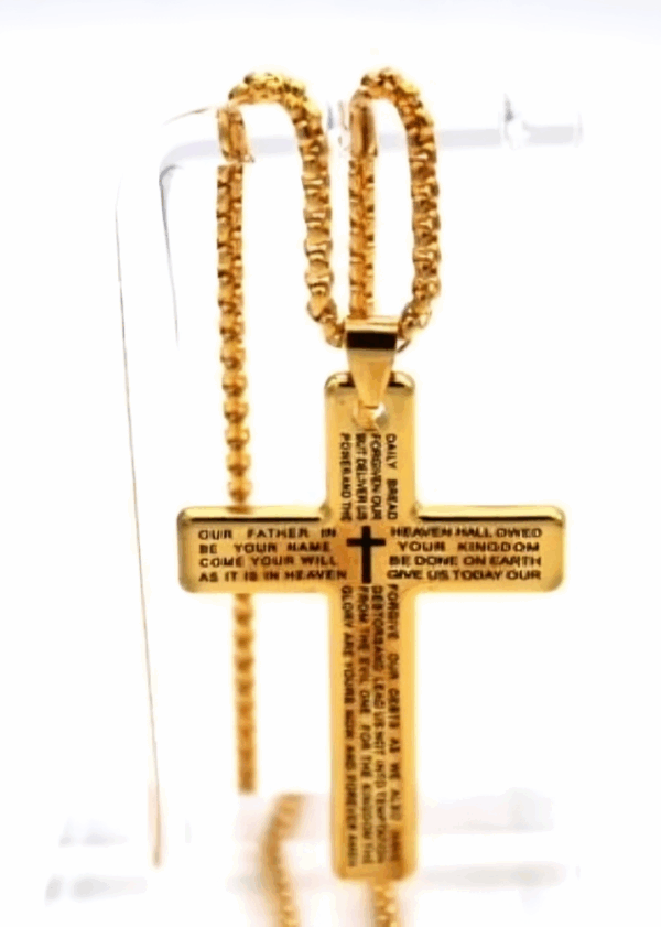 Christian Cross Pendant - Engraved Our Father Prayer; Gold
