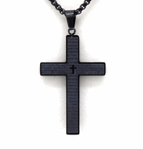Christian Cross Pendant - Our Father Prayer; Black Matte