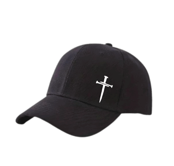 Christian Baseball Hat - Black with Nail Cross Print