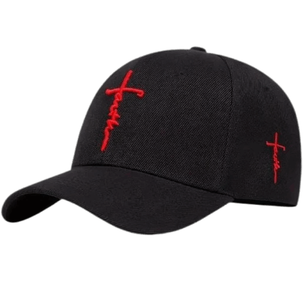 Christian Baseball Hat - Embroidered Black / Red Faith Cross