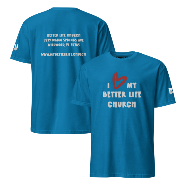 Soft cotton blend short-sleeve shirt -Sapphire - Better Life Church Tee - front and back view